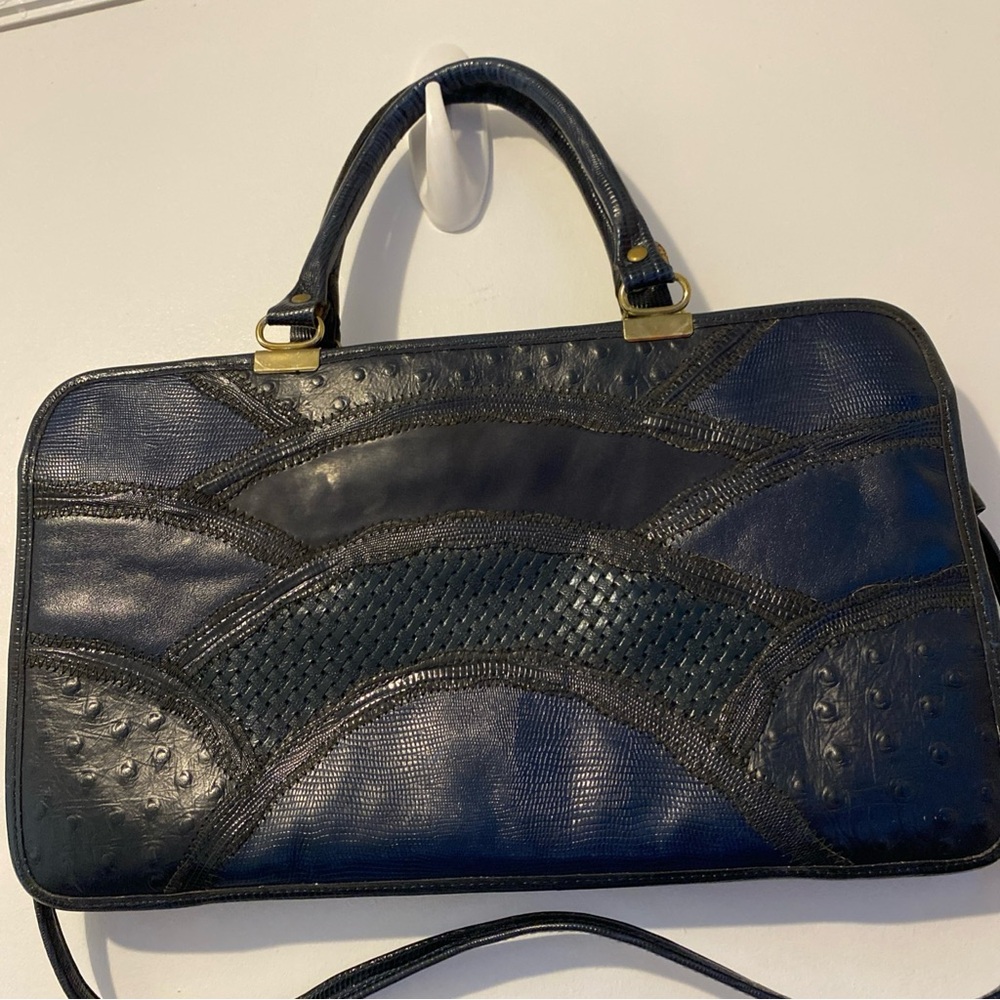Vintage Caprice Leather Snakeskin Patchwork Navy Blue Handbag - Picture 6 of 16
